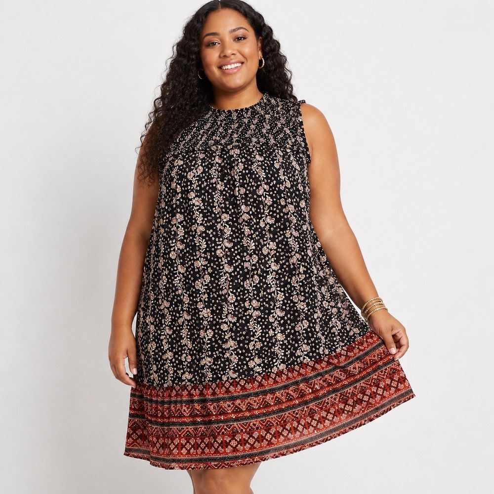 MAURICES Metallic Floral Smocked Neck Shift Dress Size 2X Black Boho Cottagecore